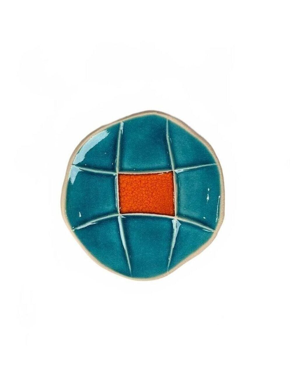 Greek Handmade Ceramic 3.5 in Trinket Dish Teal Orange Geometric Modern Decor